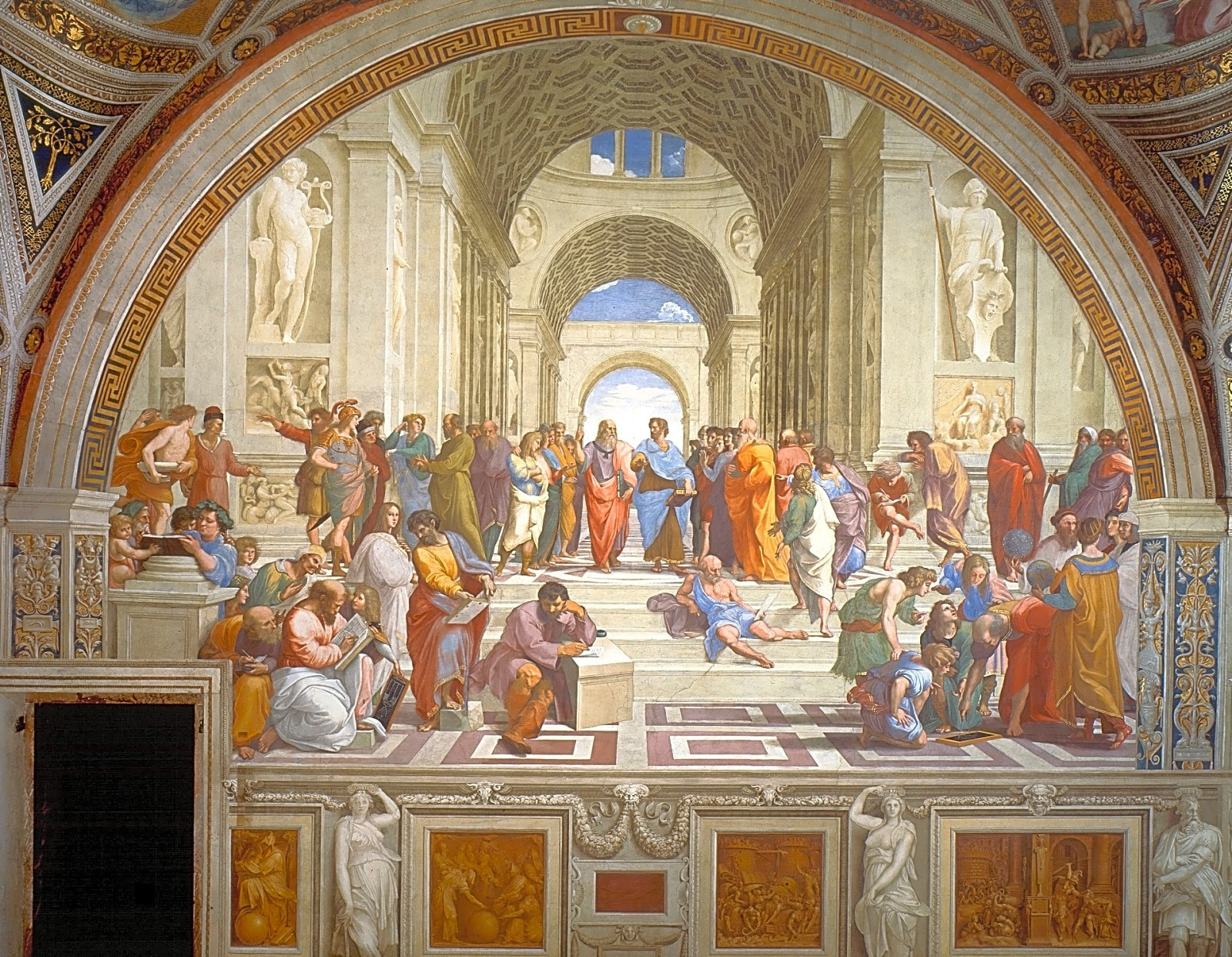 Pintura renascentista a óleo da Escola de Atenas, com Diógenes e Euclides sentados em tons marrons e azuis claros.