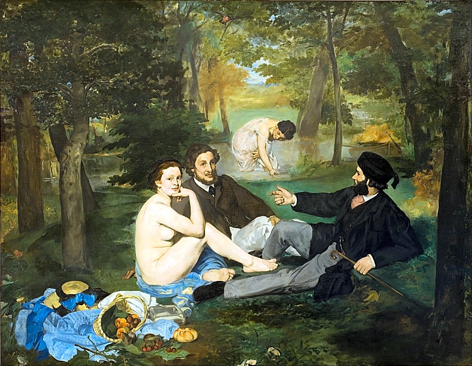 Pintura a óleo impressionista de Édouard Manet, mostrando grupo de pessoas ao ar livre em tons de verde e azul pastel.