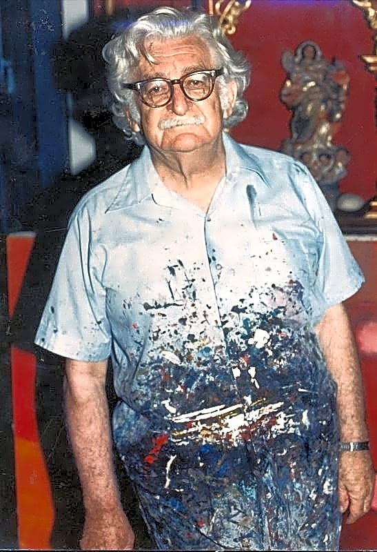 Pintura a óleo de Roberto Burle Marx trabalhando em um jardim tropical, com cores vibrantes e detalhes precisos.