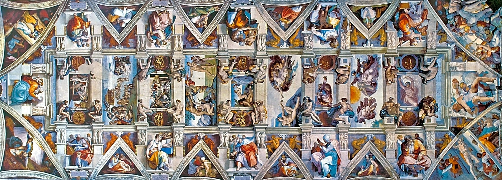 Pintura a óleo de alta resolução da Capela Sistina, mostrando o teto pintado por Michelangelo em tons vibrantes de azul e ouro.