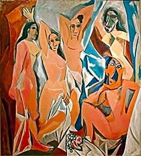 Pintura cubista a óleo de 1907, mostrando cinco mulheres africanizadas em tons de azul e verde, com formas geométricas e faciais distorcidas.