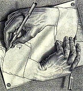 Pintura surrealista a lápis mostrando mãos desenhando outras mãos em um ciclo infinito de reflexão e auto-referência.