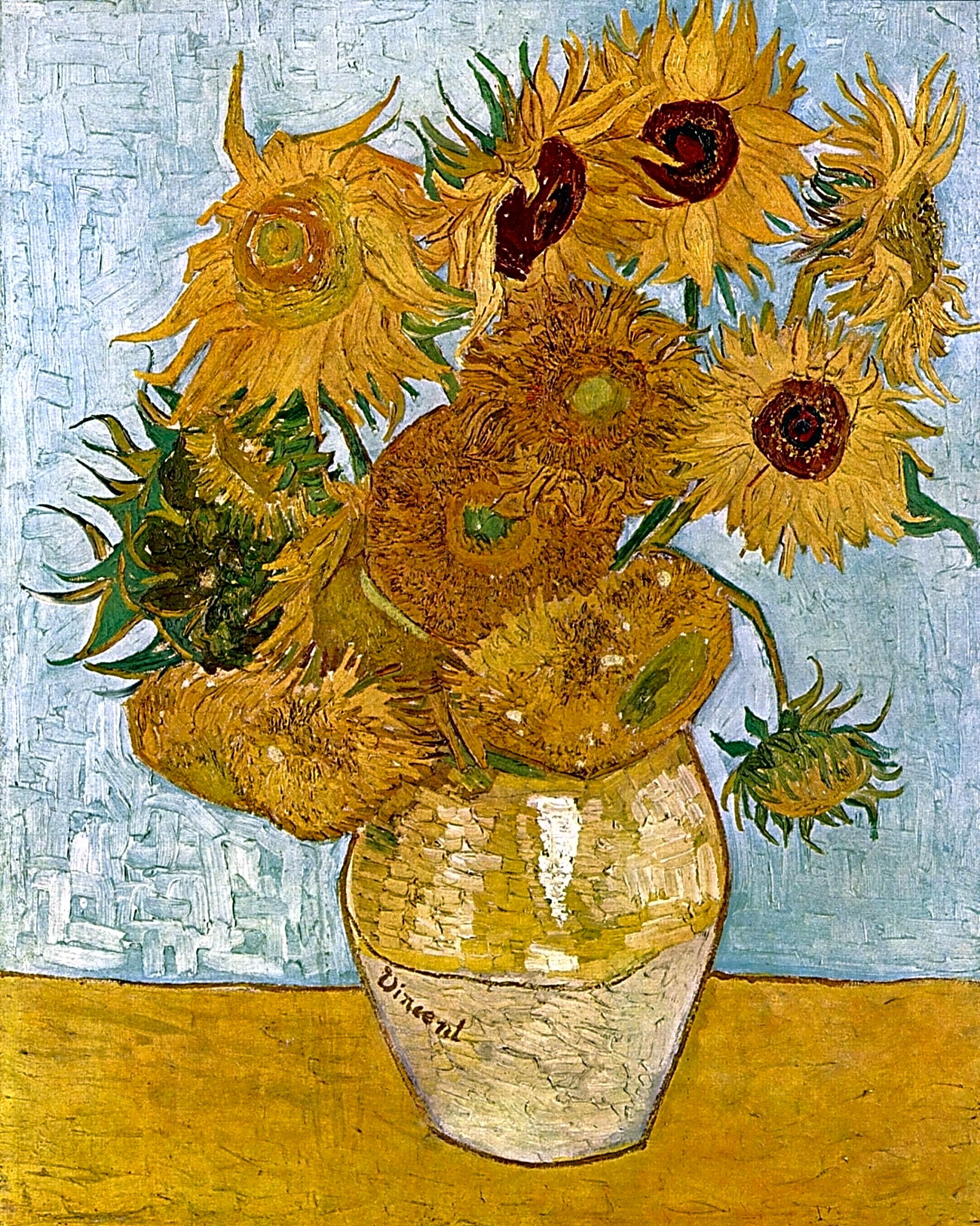 Pintura a óleo de flores de girassol em tons amarelos vibrantes e azuis profundos, com pinceladas expressivas e texturas rugosas.