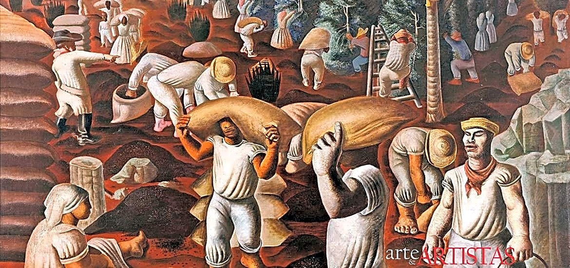 Pintura a óleo realista de Candido Portinari retratando um café brasileiro com tons de azul e amarelo vibrantes.