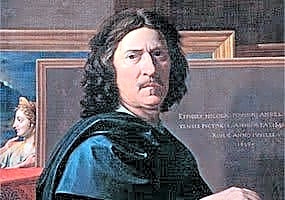 Pintura a óleo de Nicolas Poussin, retratando um clássico estilo barroco francês com tons de azul e ouro.