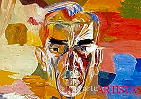 Pintura a óleo retratando o artista brasileiro Flávio de Carvalho em tons de azul e marrom, com detalhes de estilo modernista.