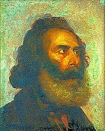 Pintura a óleo retratando o artista Victor Meirelles em seu estúdio, com obras em andamento e elementos decorativos brasileiros.