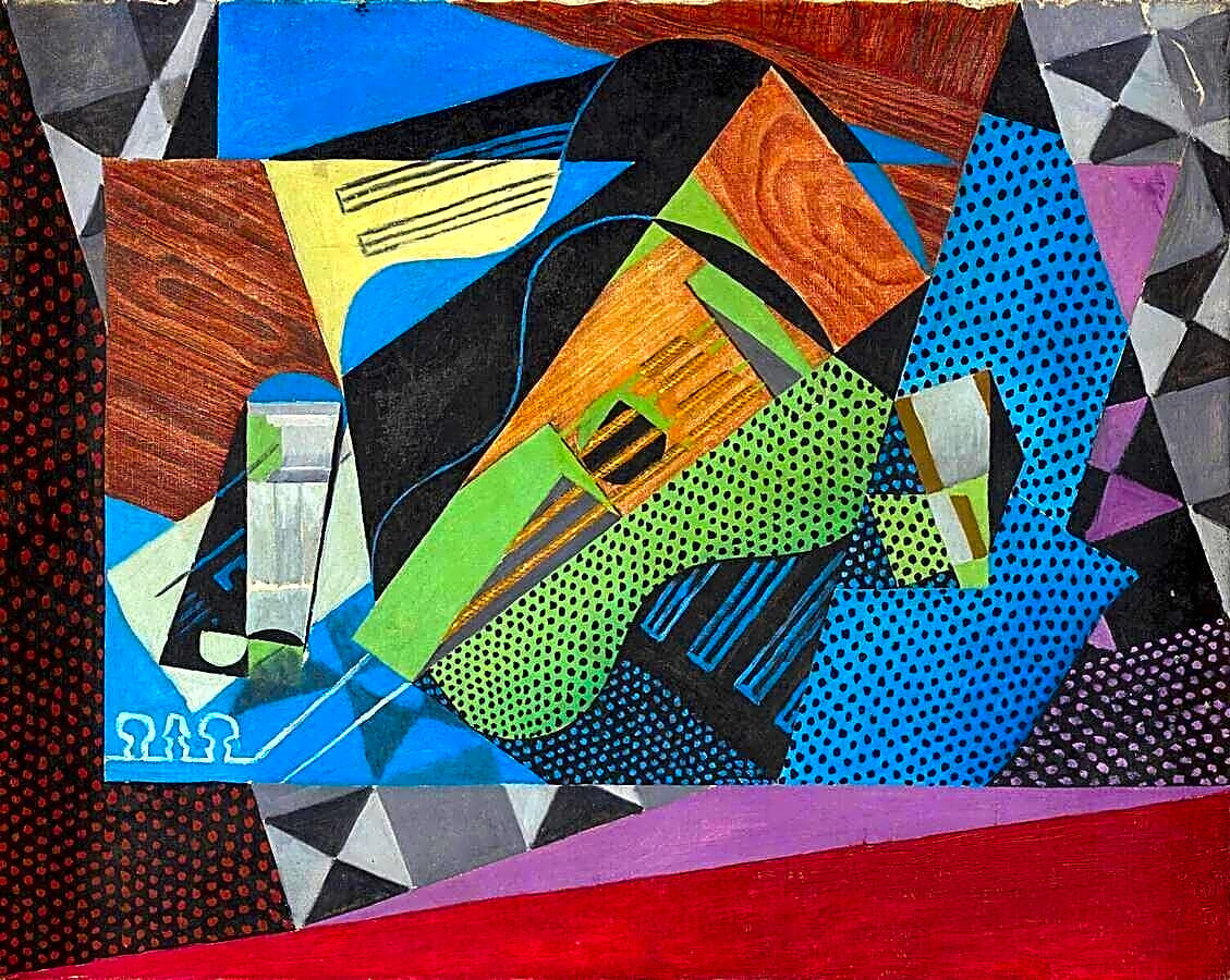 Pintura a óleo de Juan Gris, mostrando fragmentos de objetos em tons de azul e verde, com linhas retas e geométricas.