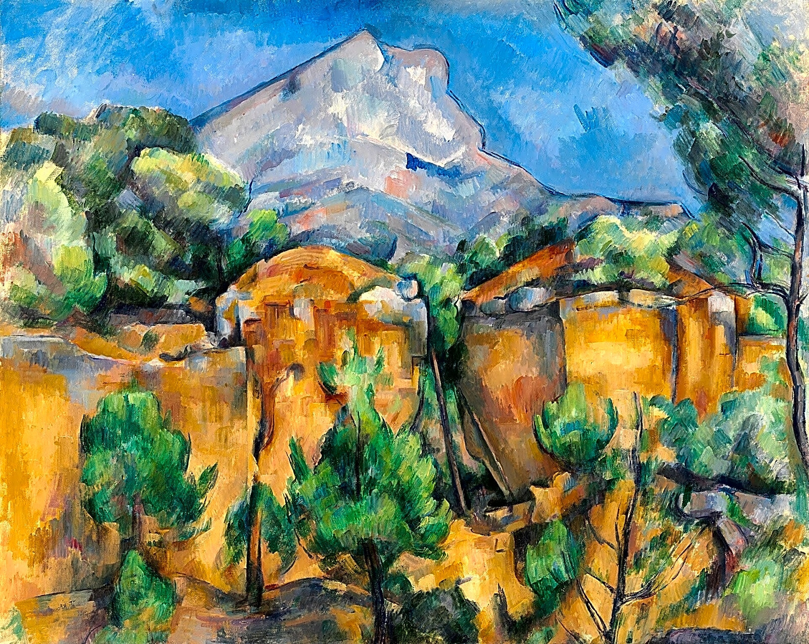 Pintura a óleo de Paul Cézanne retratando paisagem montanhosa com cores pastéis e tons de azul profundo.