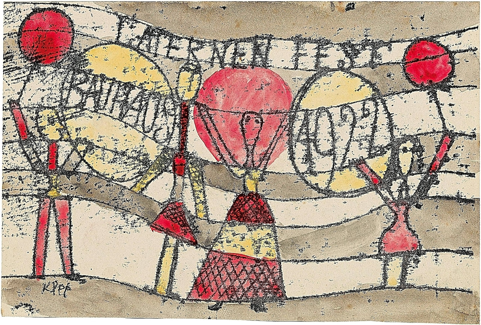 Pintura a óleo de Paul Klee, retratando sua obra "Adeus", com linhas geométricas e cores pastéis, inspirada no Bauhaus.