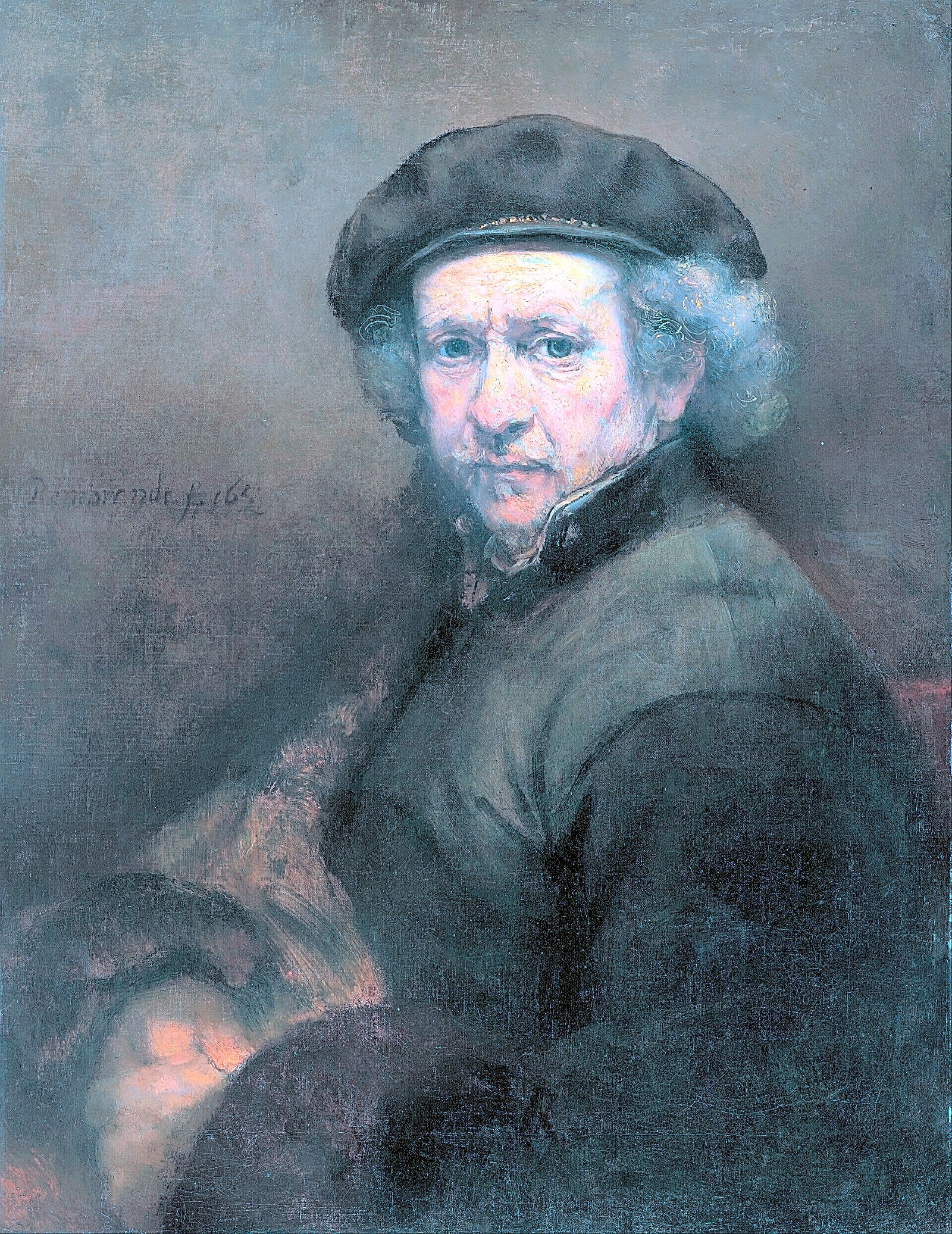 Pintura a óleo em tons de cinza e amarelo, retratando o artista Rembrandt van Rijn trabalhando em sua mesa de estudo.