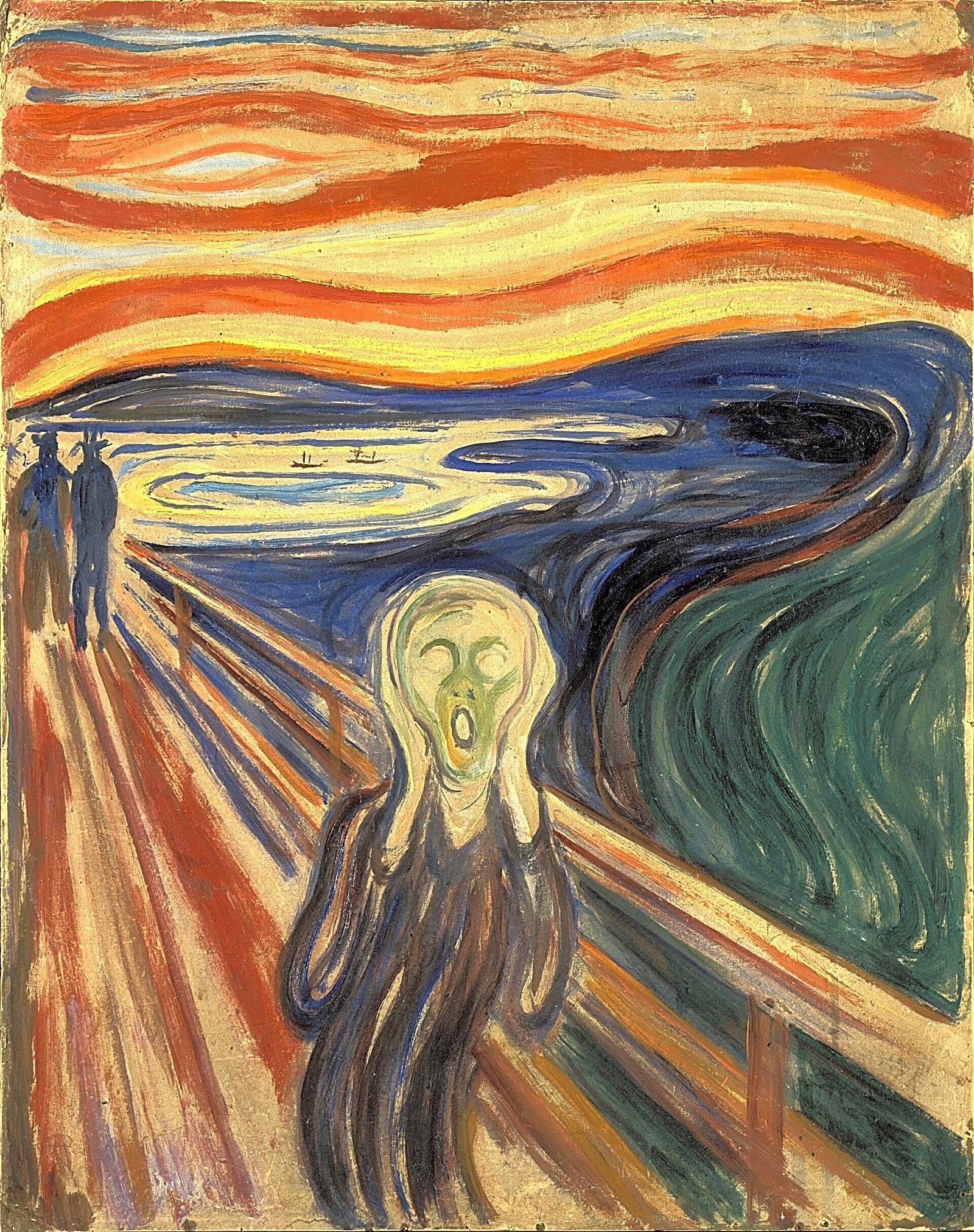 Pintura expressionista a óleo de Edvard Munch, "O Grito", em tons sombrios e intensos, com figura masculina de costas.