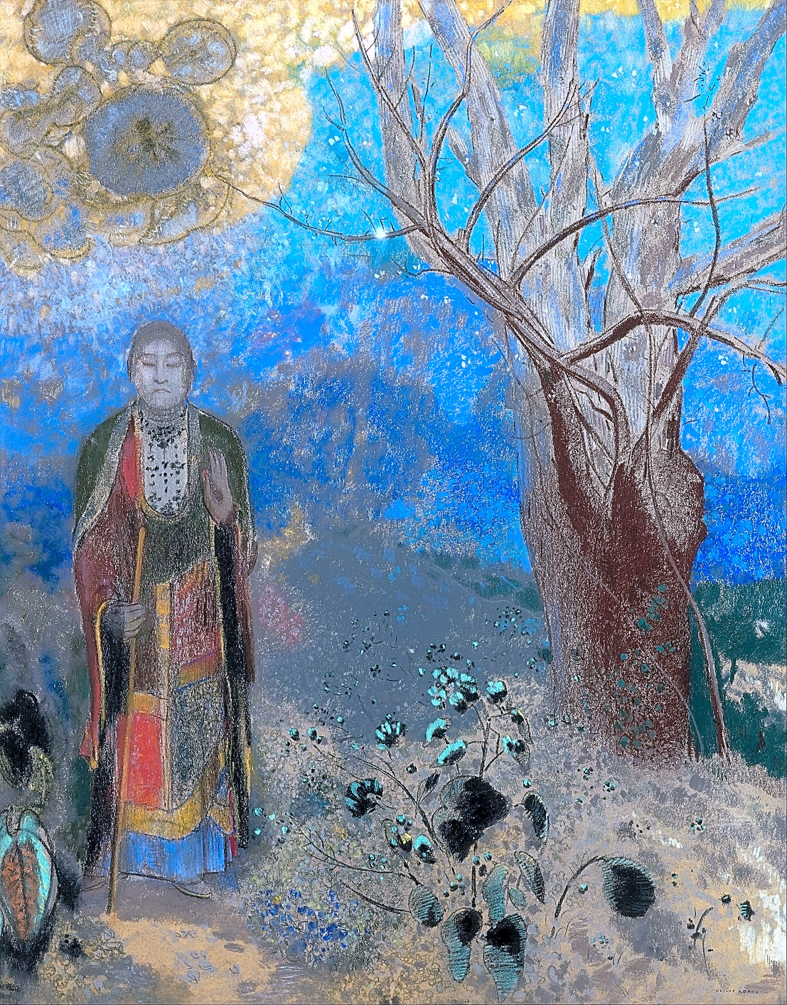 Pintura simbólica a óleo de Odilon Redon, mostrando uma cena noturna com cores pastéis e tons de azul profundo, inspirada em sonhos e mitologia.