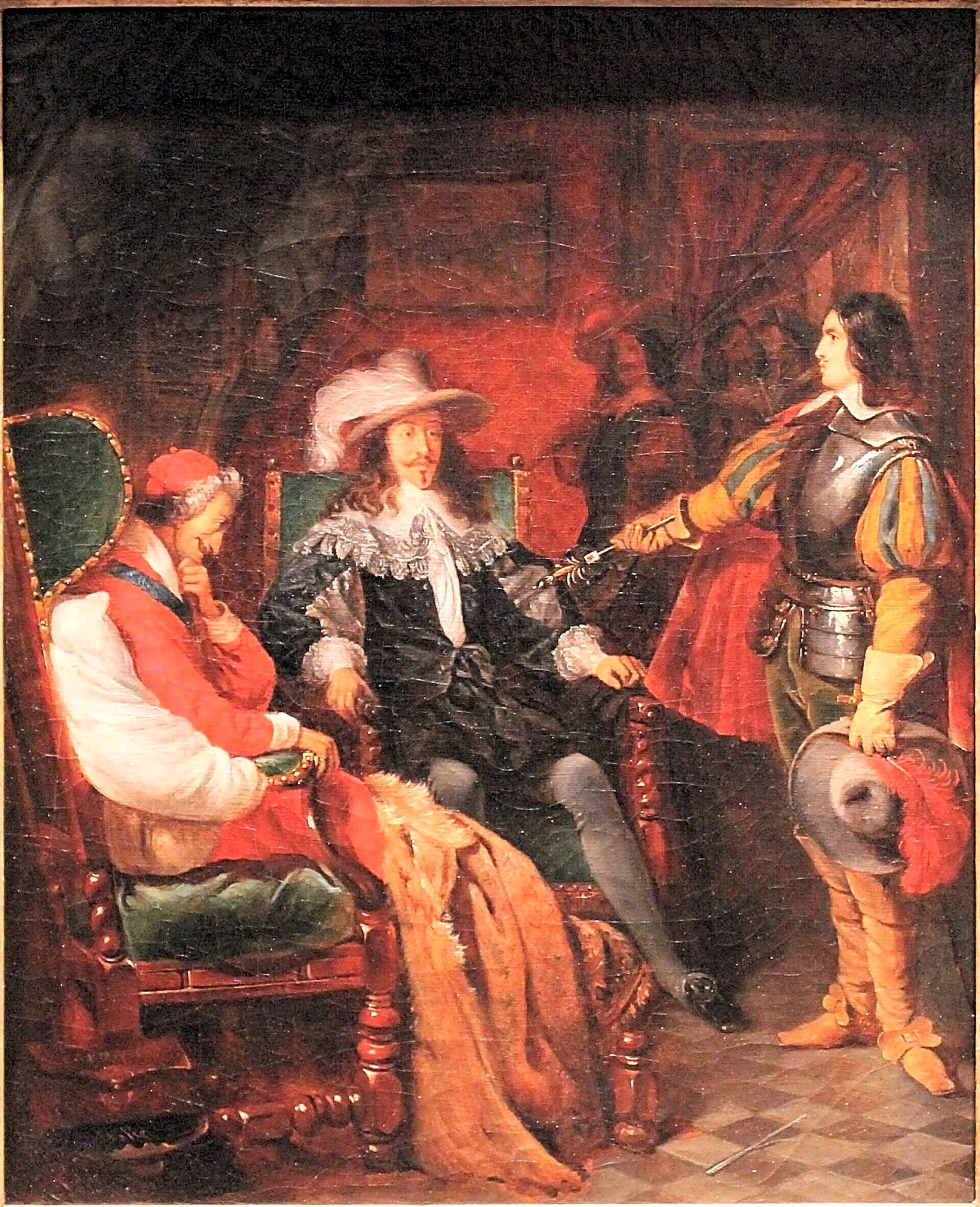 Pintura a óleo em tons sombrios e emotivos, retratando uma cena dramática de uma obra-prima romântica com figuras humanas em primeiro plano.