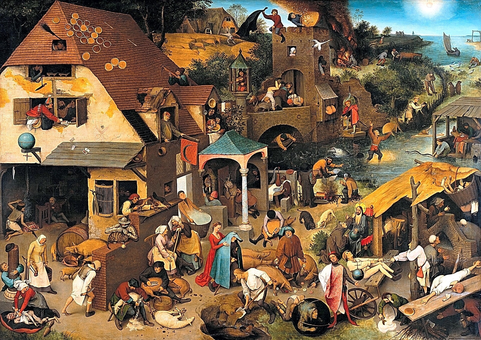 Pintura a óleo de Pieter Bruegel, o Velho, retratando cena de paisagem rural com figuras humanas em tons de verde e marrão.