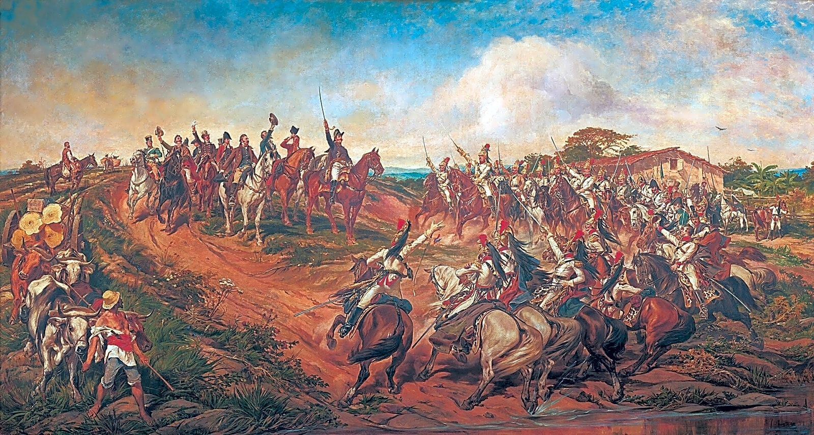 Pintura a óleo retratando o artista Pedro Américo em seu estúdio, com obras em andamento e elementos de estilo neoclássico.