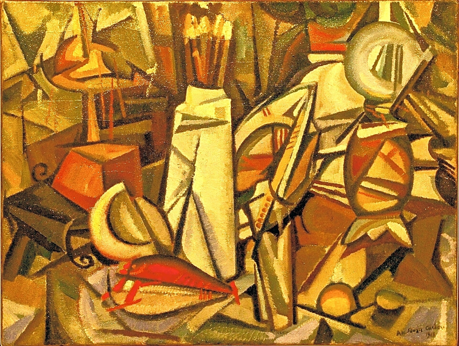 Pintura abstrata a óleo em tons de azul e vermelho, mostrando uma cidade futurista em movimento, com linhas dinâmicas e velocidade expressa.