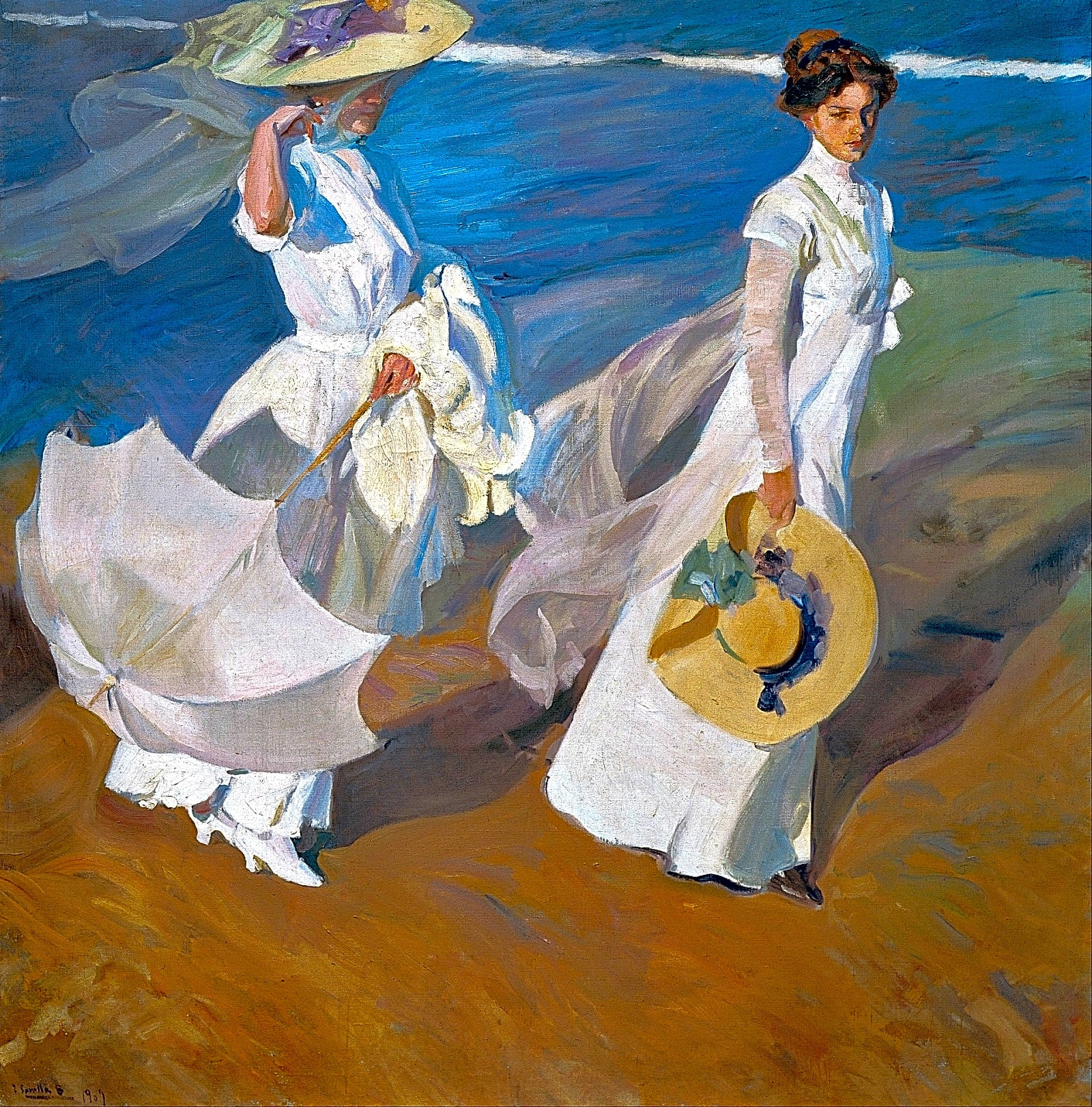 Pintura a óleo realista de Joaquín Sorolla, retratando família espanhola em tons claros e alegres, com crianças brincando ao ar livre.