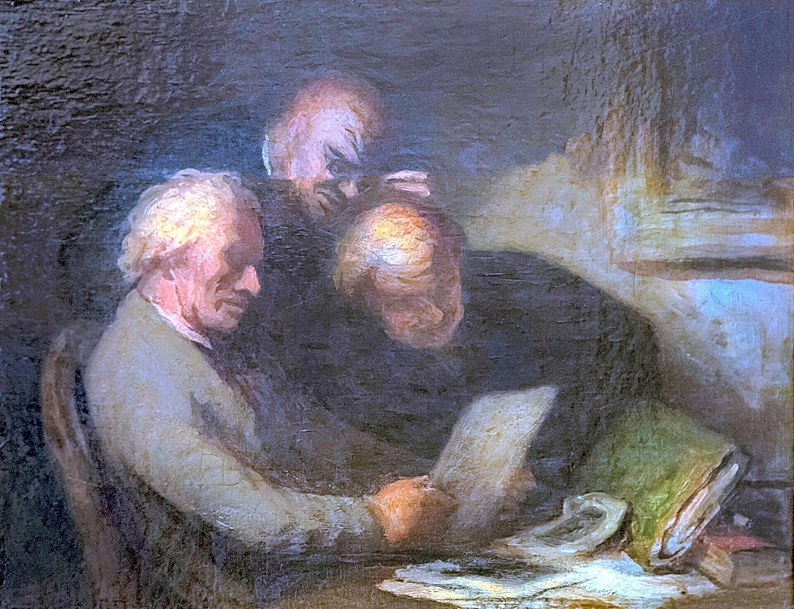 Pintura a óleo de Honoré Daumier retratando um caricaturista francês sentado à mesa, com lápis e papel em tons de cinza e marrom.