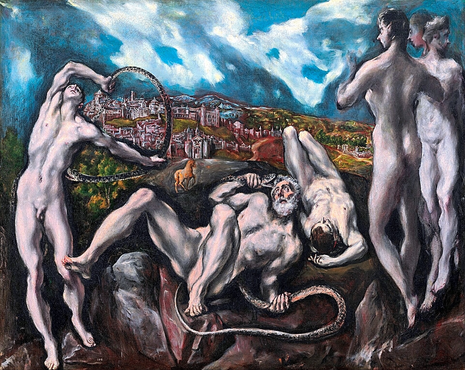 Pintura a óleo de El Greco retratado em tons de azul e cinza, com uma paisagem grega ao fundo e elementos renascentistas.
