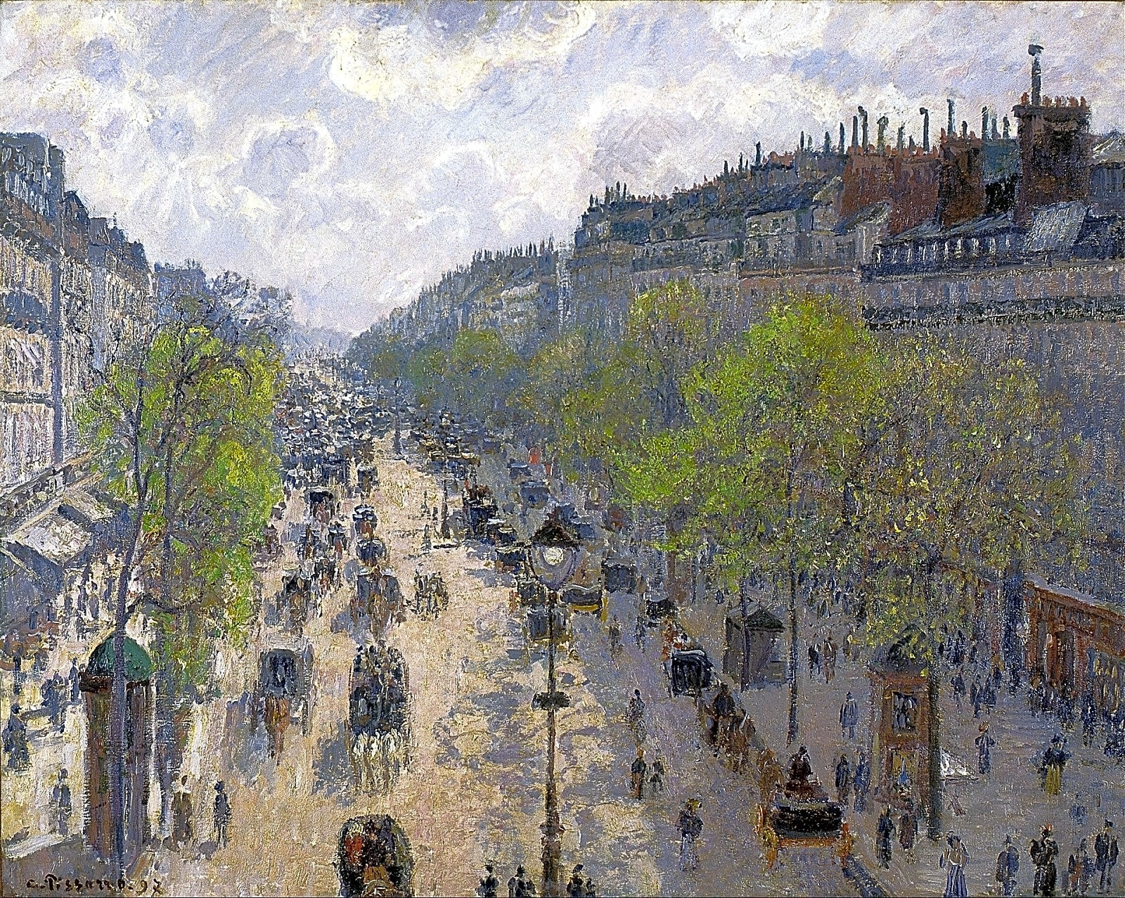Pintura a óleo retratando Camille Pissarro em sua infância, com tons suaves de azul e verde, mostrando o artista jovem.