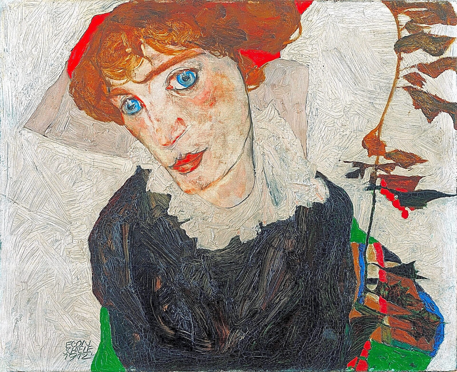 Pintura a óleo de Egon Schiele retratando-se em tons sombrios e intensos, com expressão angustiada e gestos dramáticos.