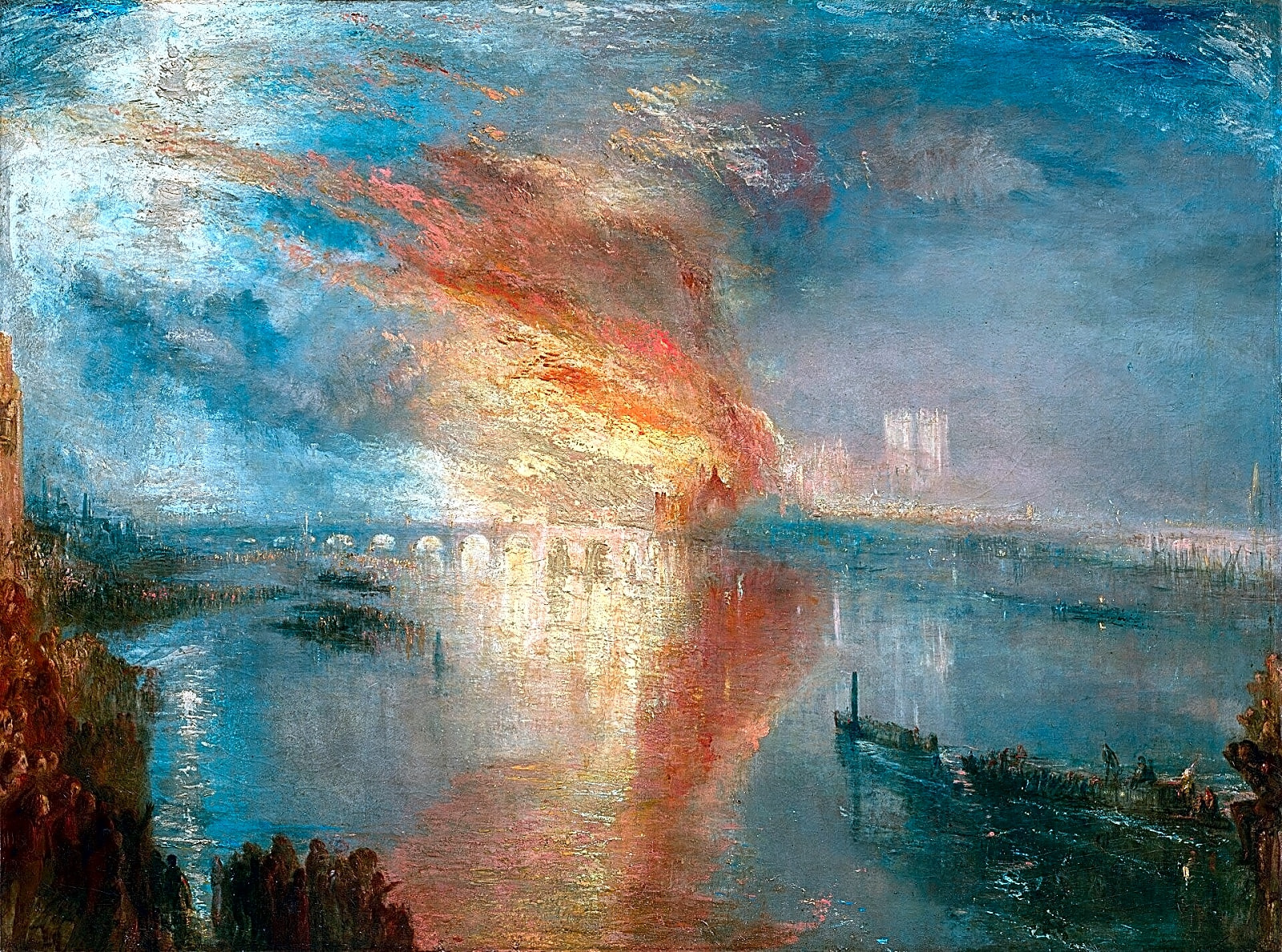 Pintura a óleo em tons de azul e cinza, retratando William Turner em seu estúdio, com obras em andamento e elementos de natureza.