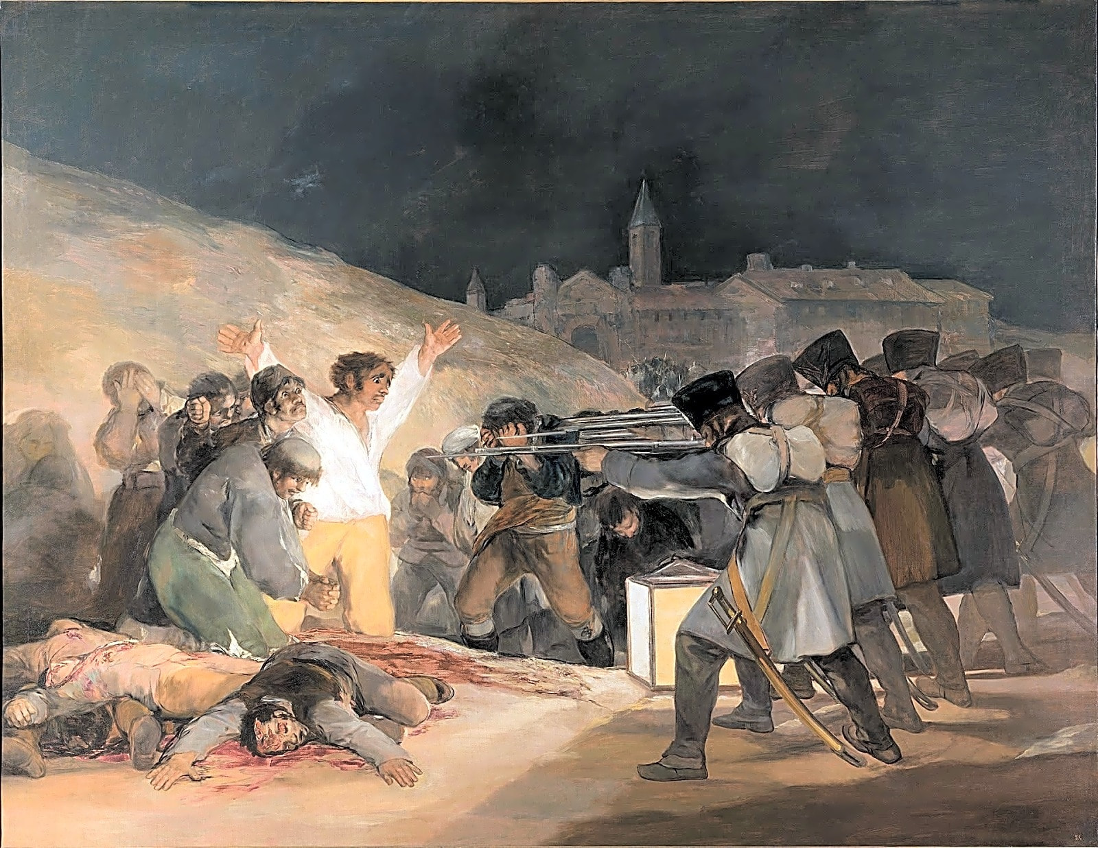 Pintura a óleo de Francisco de Goya retratando a si mesmo em tons sombrios e expressão introspectiva, com pinceladas vigorosas.