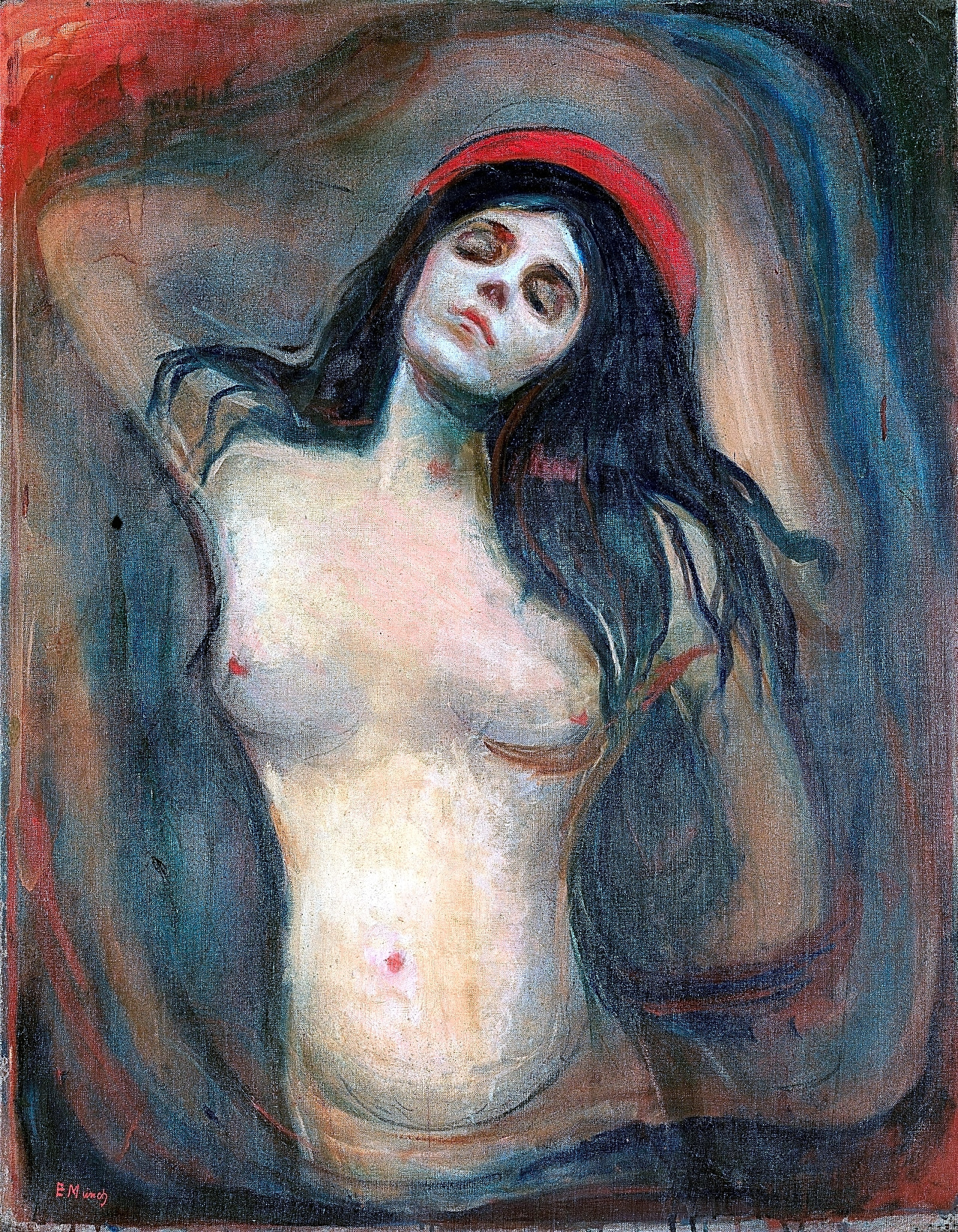 Pintura expressionista a óleo de Edvard Munch retratando o autor em tons sombrios e intensos, com traços angulares e expressão de ansiedade.