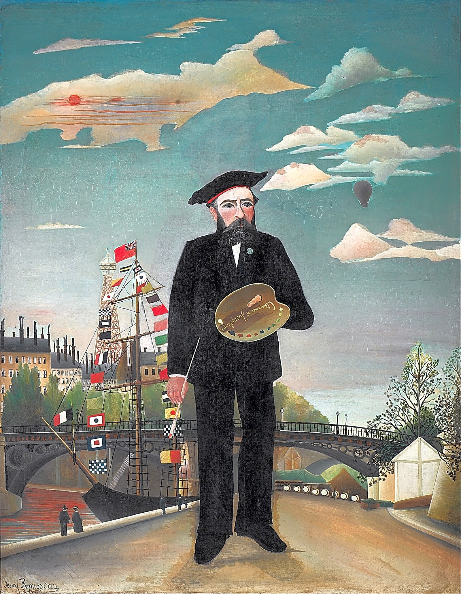 Pintura primitivista a óleo retratando Henri Rousseau em seu estúdio, com obras de arte exóticas e natureza exuberante em tons verdes e azuis.