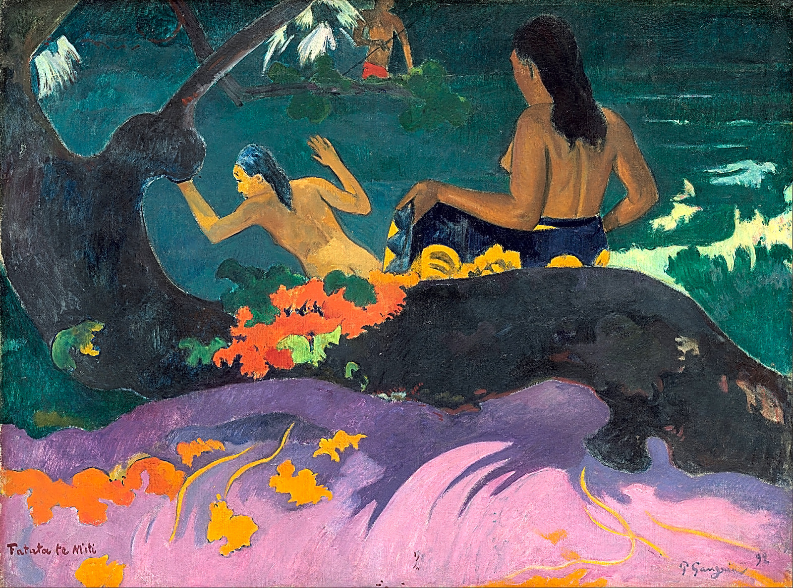 Pintura a óleo de estilo pós-impressionista retratando o artista Paul Gauguin em tons de azul e verde, com elementos primitivos e florais.