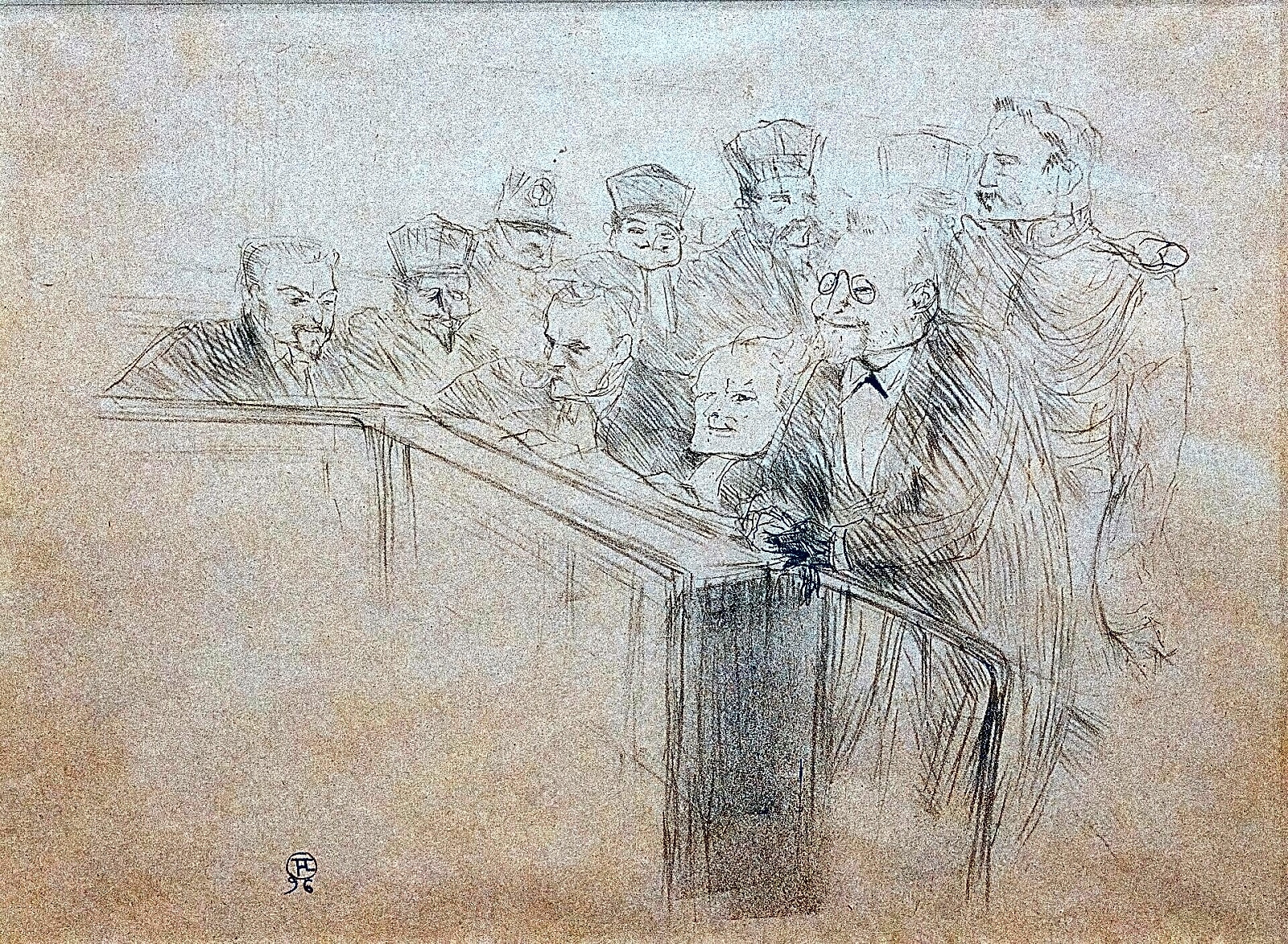 Pintura a óleo retratando o artista Henri de Toulouse-Lautrec em tons marrons e azuis, com detalhes de sua obra e estilo.