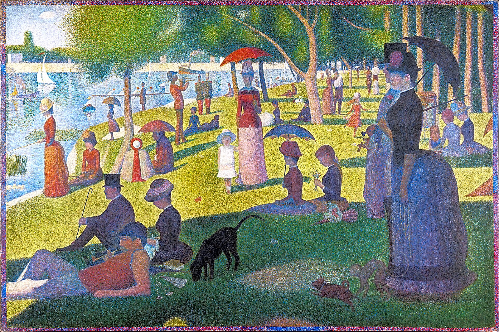 Pintura a óleo em tons pastéis de azul e verde, retratando a obra "A Balsa" de Georges Seurat, com detalhes pontilhados.
