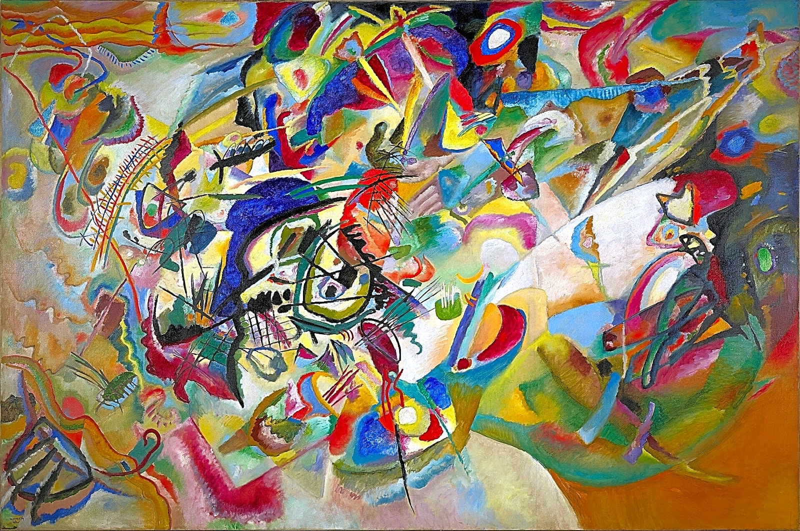 Pintura abstrata a óleo de cores vibrantes e geométricas, representando a evolução artística de Wassily Kandinsky.