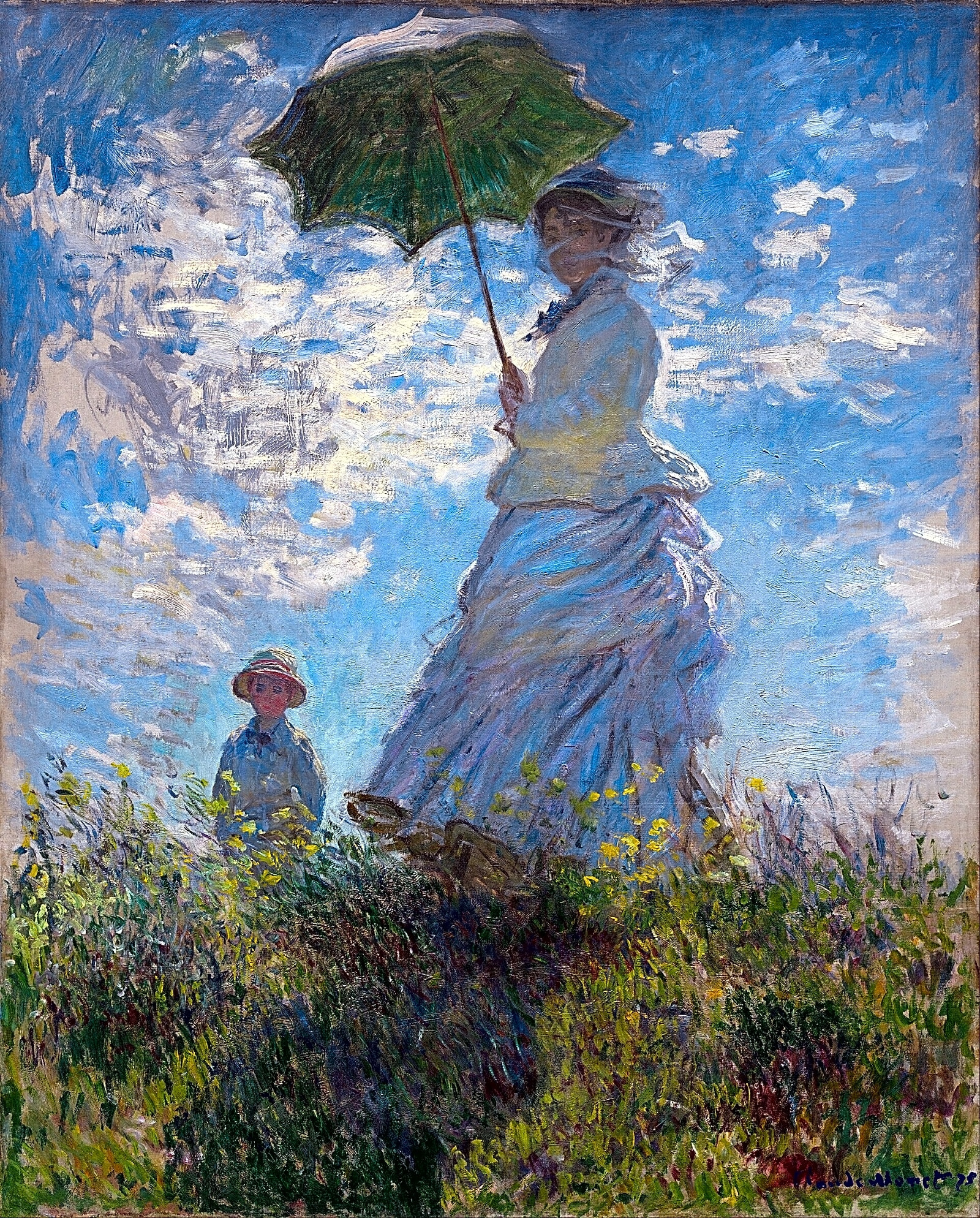 Pintura a óleo de Claude Monet retratando jardins floridos em tons pastéis de azul e verde, com reflexos de água e luz solar.