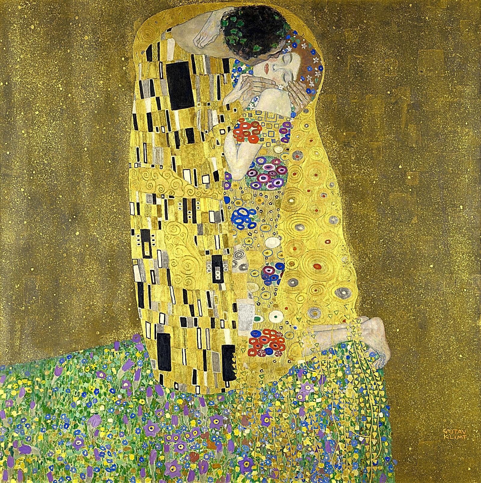 Pintura simbolista a óleo retratando Gustav Klimt em sua obra "A Dama em Veste Verde" com detalhes ornamentais e tons dourados.