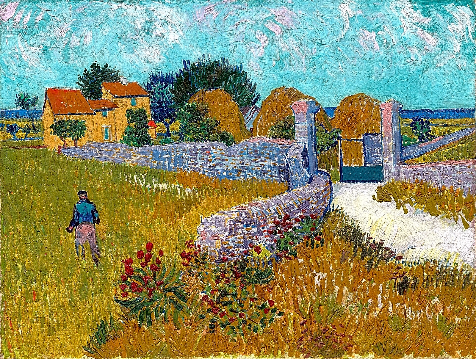 Pintura pós-impressionista a óleo de Vincent van Gogh, retratando paisagem rural holandesa com cores vibrantes e linhas expressivas.