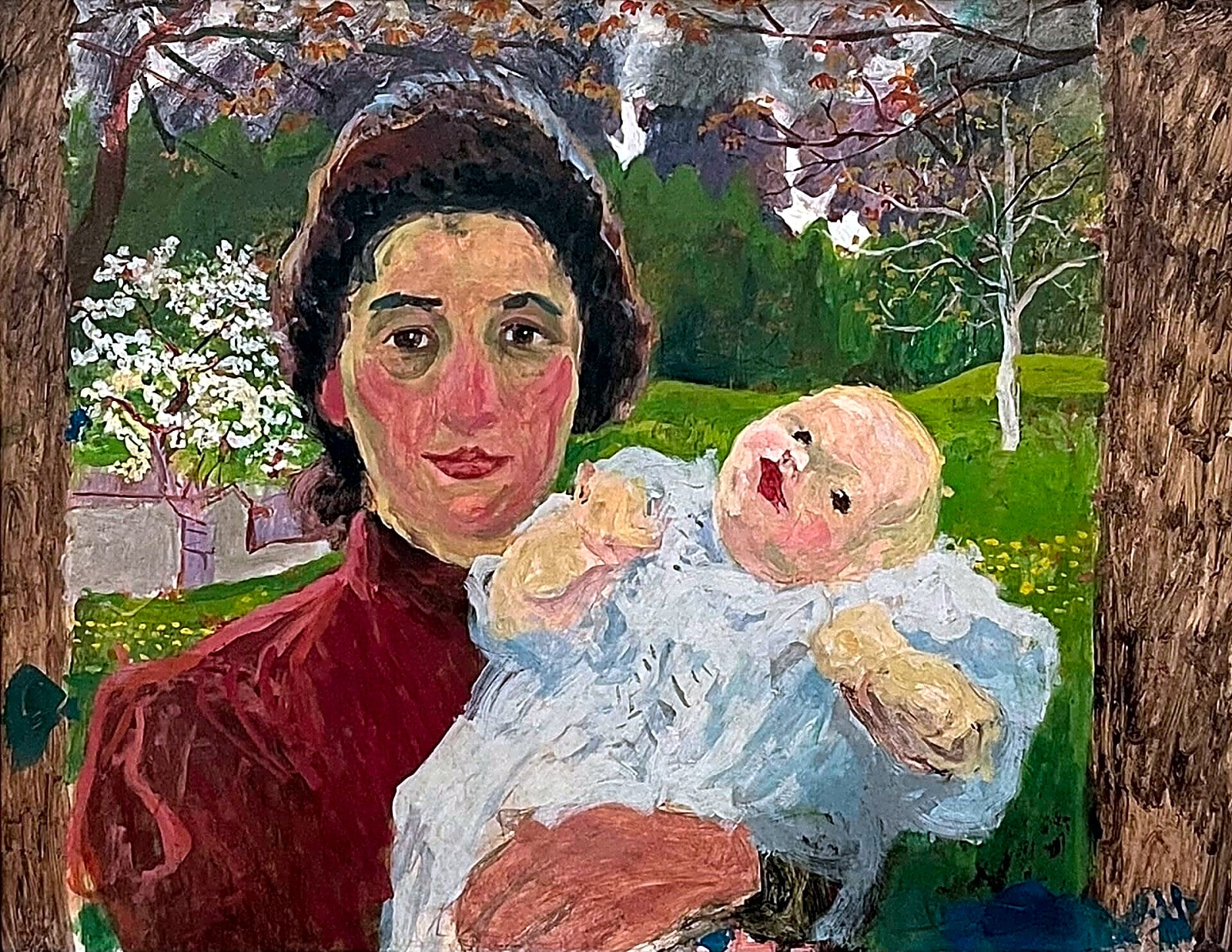 Pintura a óleo retratando Alberto Giacometti em seu estúdio, com obras em andamento e paisagens alpinas ao fundo.