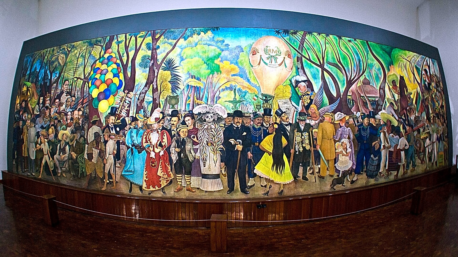 Pintura a óleo de Diego Rivera retratando sua infância em Guanajuato, México, com tons de azul e amarelo vibrantes.