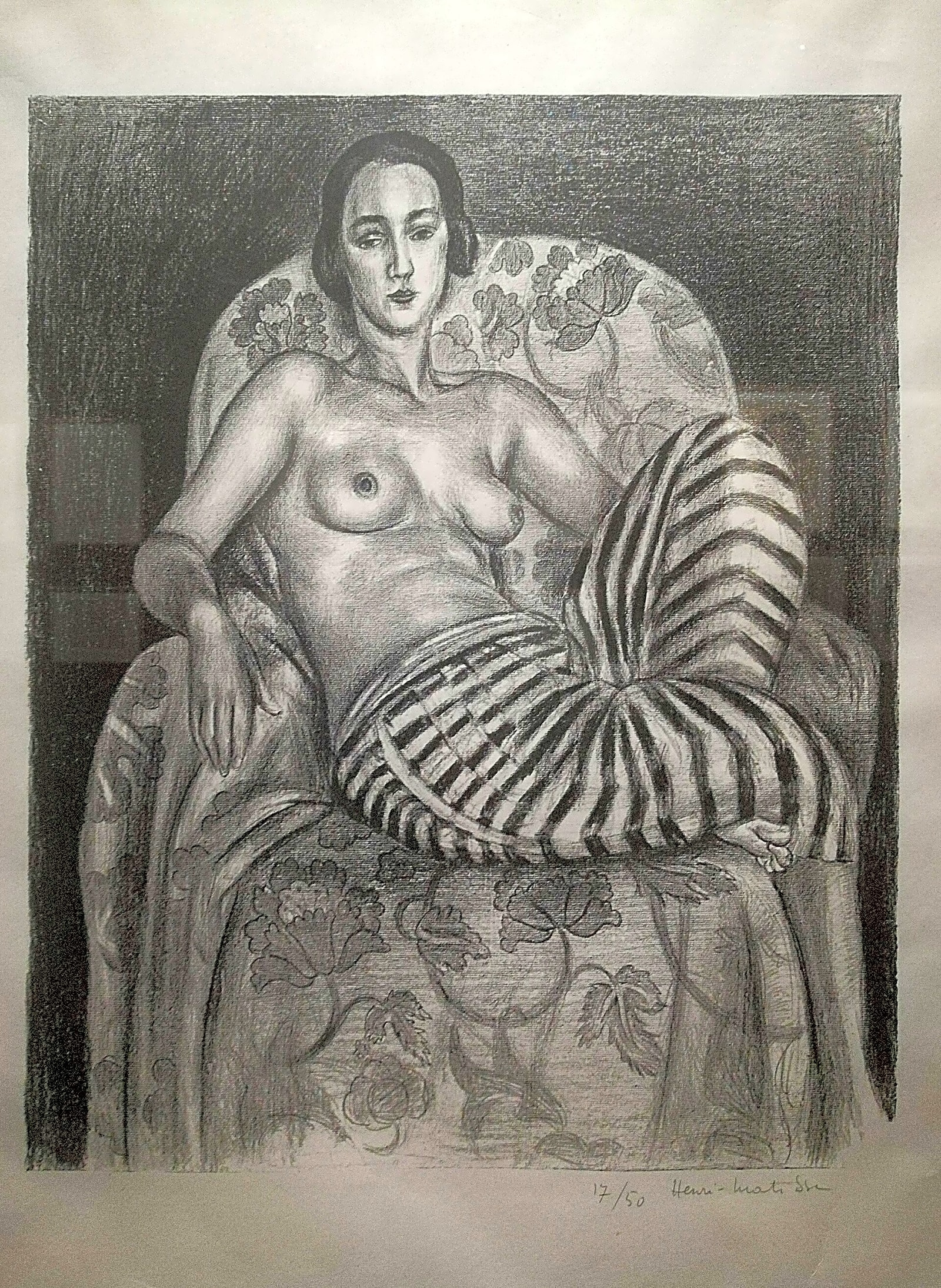 Pintura a óleo de Henri Matisse retratando sua obra "Nascidos da Pedra" em tons pastéis e azuis vibrantes.