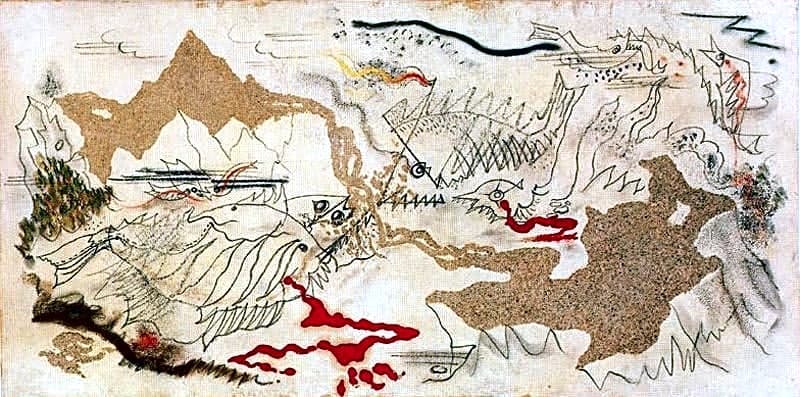 Pintura surrealista a óleo mostrando uma cena onírica com elementos distorcidos e cores vibrantes, inspirada em Max Ernst.