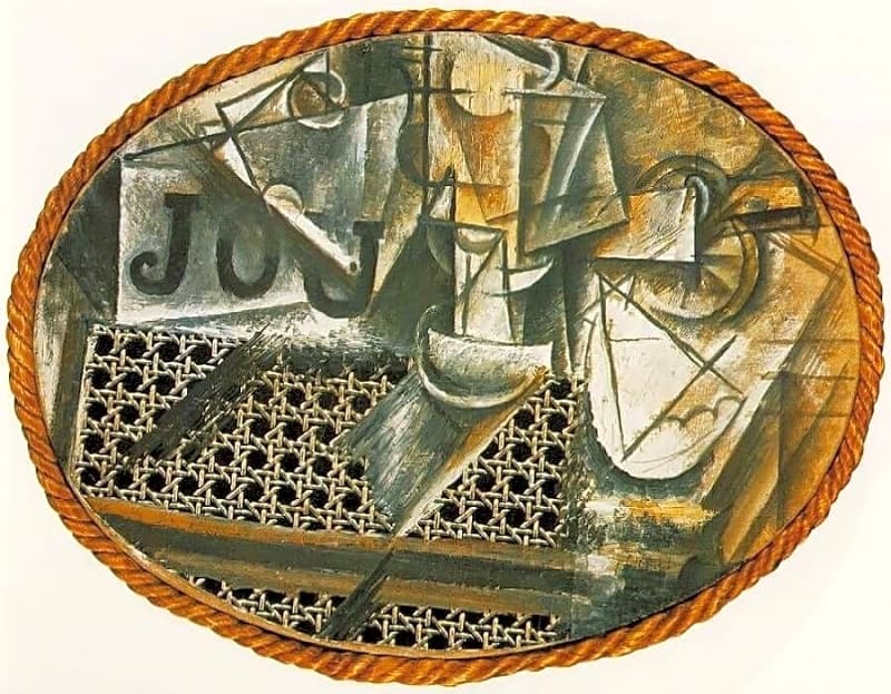 Pintura abstrata a óleo em tons de azul e cinza, representando fragmentos de formas geométricas em estilo cubista, com influências africanas e brasileiras.