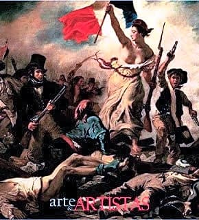 Pintura romântica a óleo retratando a Liberdade como uma mulher com vestido vermelho e braço estendido, em tons vibrantes de azul e verde.