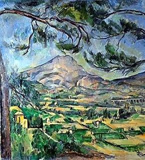 Pintura pós-impressionista a óleo de um monte rochoso com árvores e nuvens em tons de azul e verde pastel.