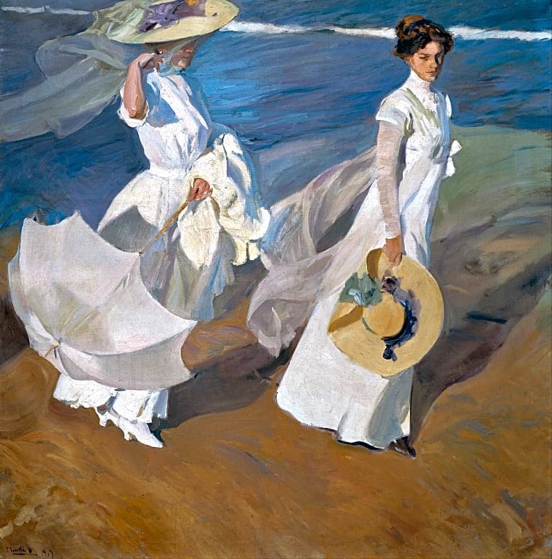 Pintura a óleo em tons claros e alegres, retratando Joaquín Sorolla em seu estúdio, com quadros de família e natureza em segundo plano.