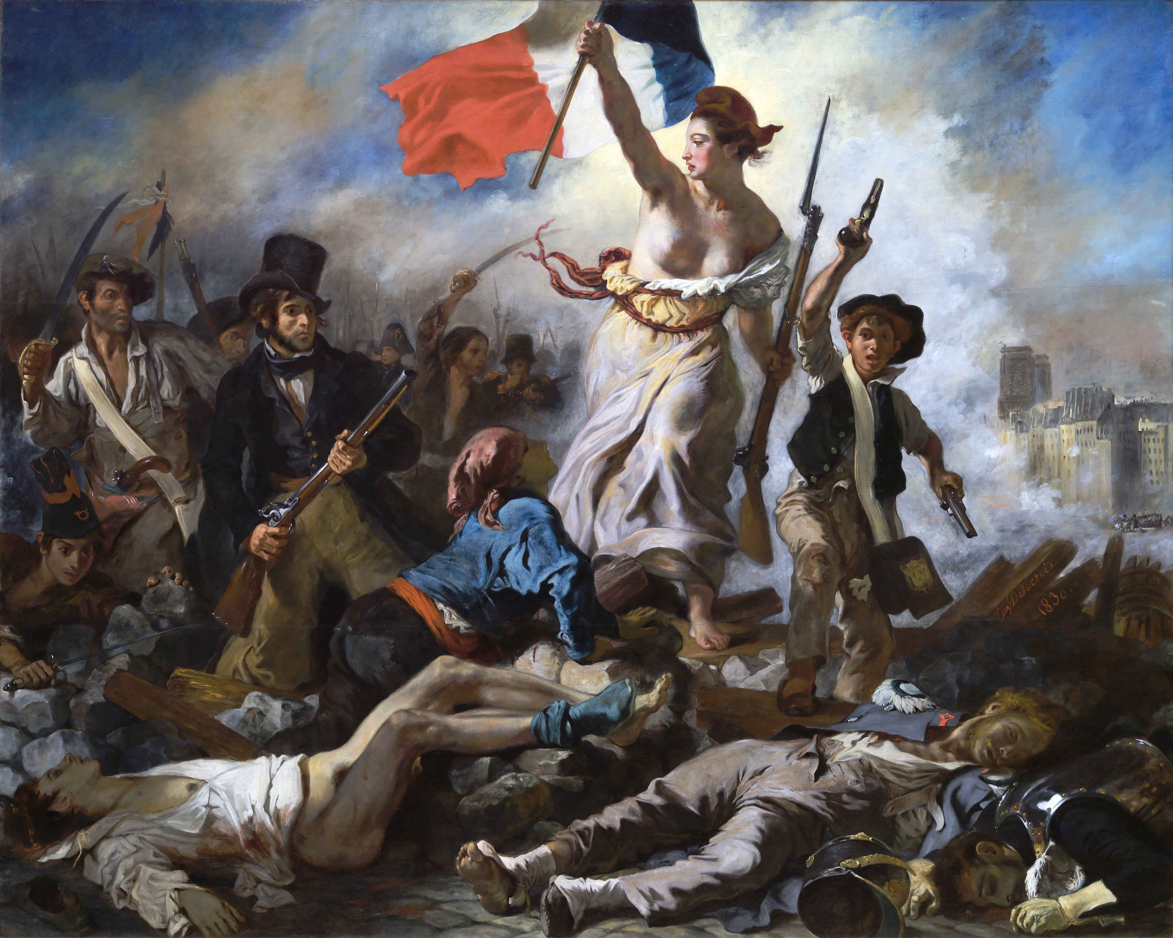Pintura épica a óleo de Eugène Delacroix, retratando a Libertas liderando multidão em tons de vermelho e azul vibrantes.