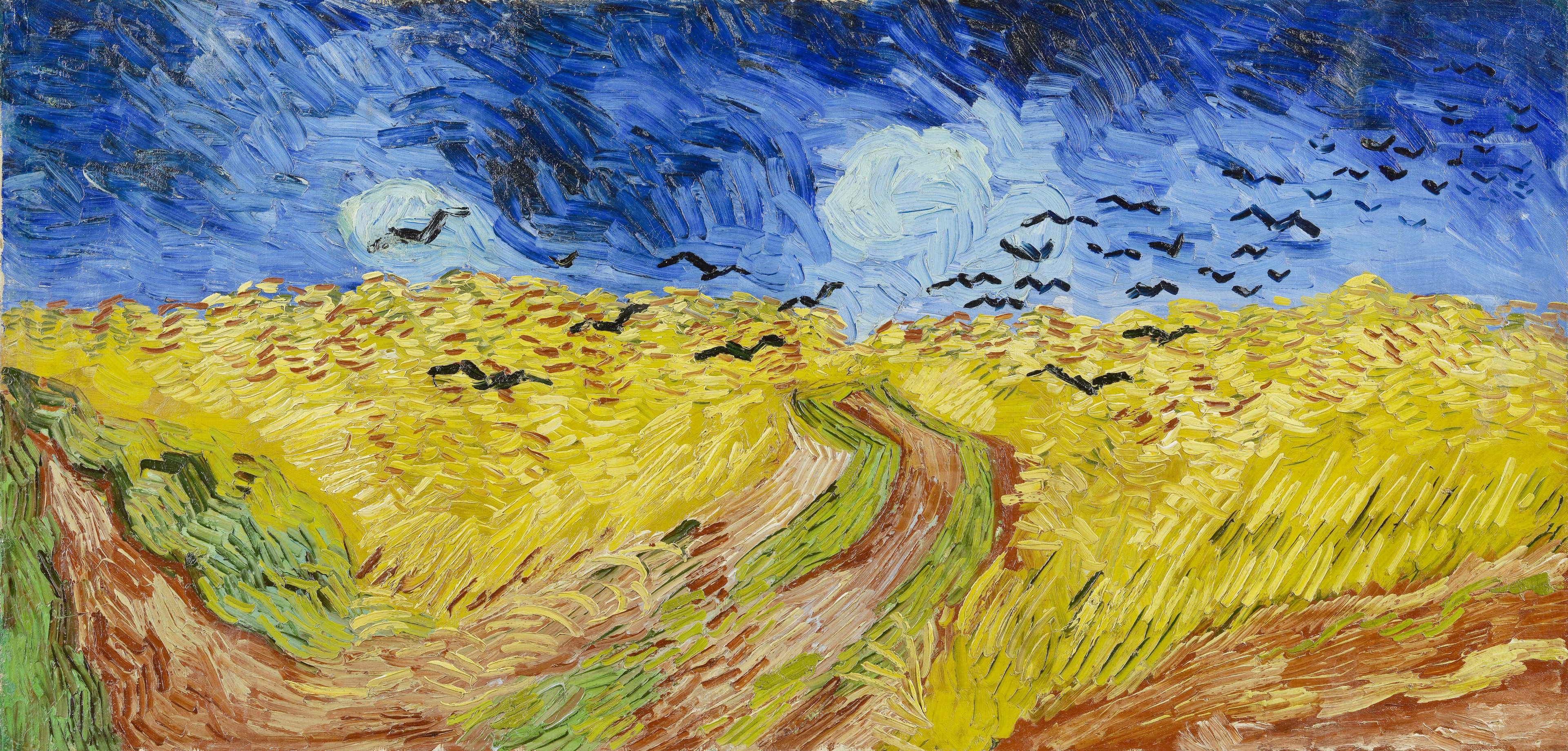 Campo de trigo com corvos, pintura pós-impressionista a óleo em tons de amarelo, verde e preto, com figuras sombreadas de corvos voando sobre o trigo.