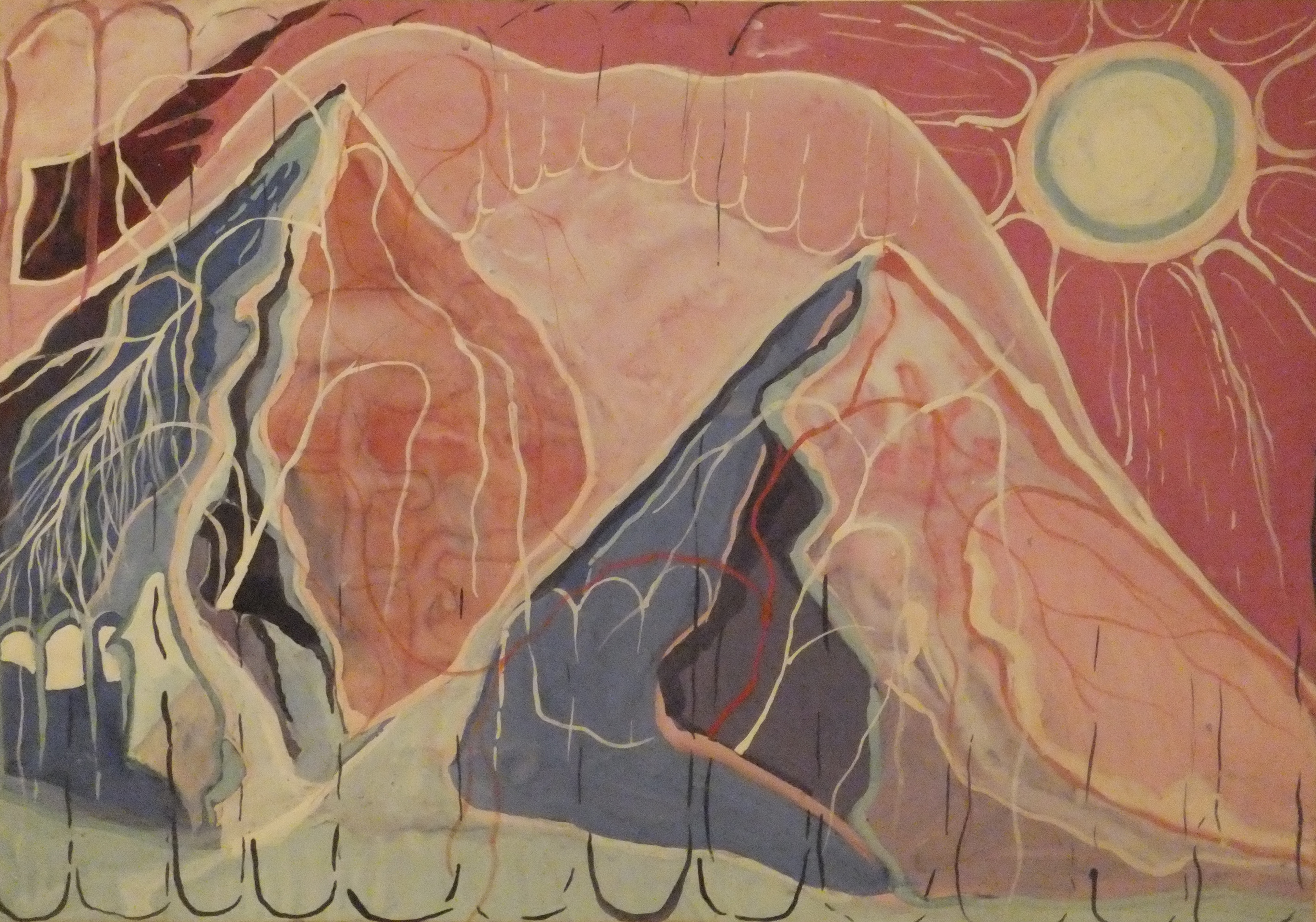 Pintura expressionista a óleo em tons vibrantes de azul e amarelo, mostrando uma figura humana distorcida e emotiva.