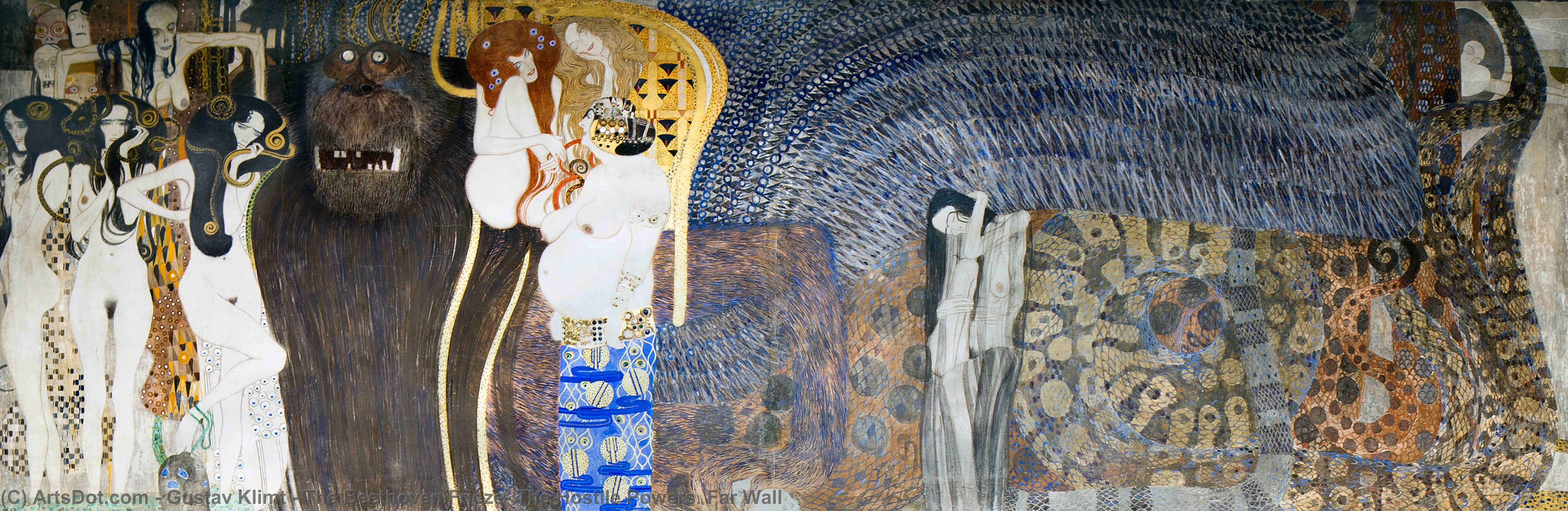 Pintura a óleo em estilo Art Nouveau, representando a escultura "Frieze de Beethoven" de Gustav Klimt em tons dourados e azuis.