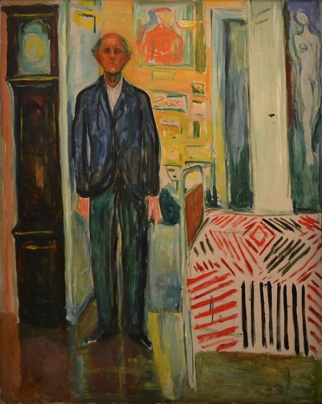 Autorretrato entre o Relógio e a Cama. Edvard Munch. 1940 - Óleo sobre tela (149,5 x 120,5 cm) - Localização: Museu Munch